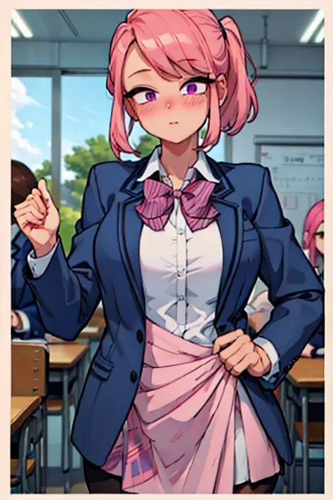 Perfect face. Perfect hands. A pink haired woman with violet eyes and an hourglass figure in a school uniform is blushing in a classroom
