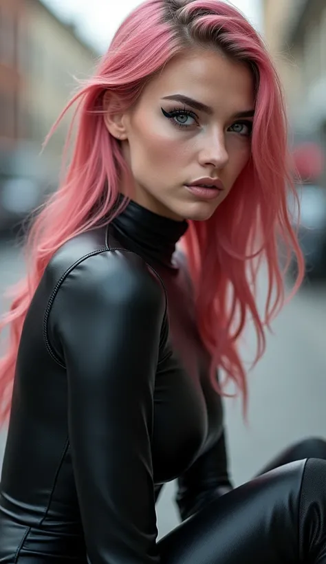 Full lenght, pink hair, narrow face, grey eyes, girl, 18 years old, slim figure, almond-shaped eyes, button nose, full lips, european appearance, ultra highly intricate detailed, black eyeliner, leather bodysuite, over knee boots, looking at the camera, pr...