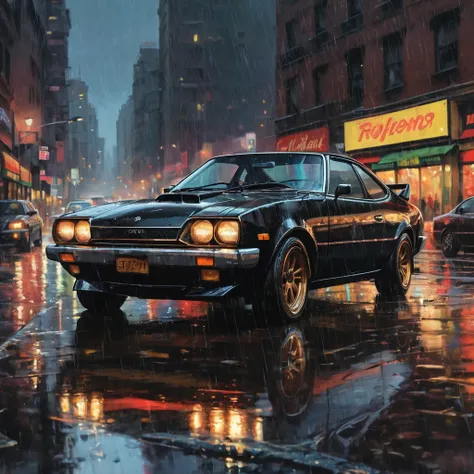 A black chrome toyota celica GTV AT22 full option dark race but classic car in the style of sam spratt, historical vintage car, old masters, genndy tartakovsky, soggy, masaccio, a 1990s poster style with rainy  details, colorful with vibrant colors, (low-l...