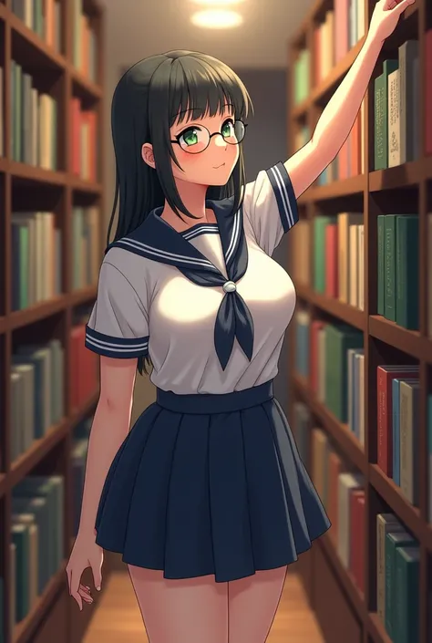 
Please create a short woman, white skin and somewhat large green eyes, round glasses and small mouth with full lips,.with straight black hair that reaches to the neck, also with round cheeks and an overweight body who is in the library looking for a book,...