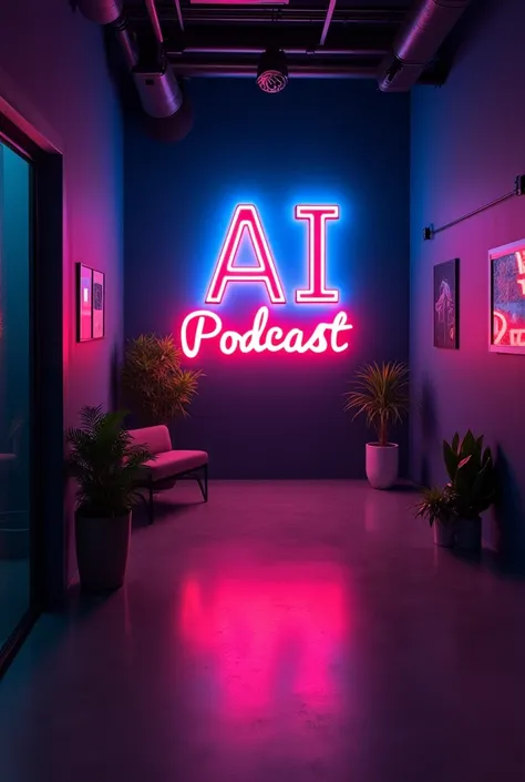 Create a podcast studio background, with neon signs that say "AI Podcast"