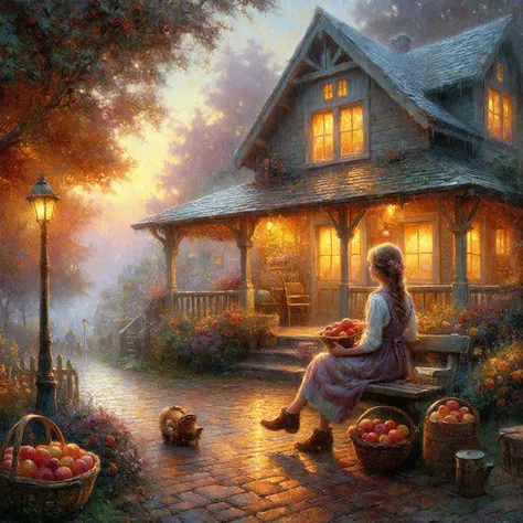 painting of a girl sitting on a bench in front of a house, tomas kinkade, thomas kinkade. cute cozy room, thomas kinkade cfg _ scale 9, thomas kinkade cfg _ scale 8, by Thomas Kinkade, by thomas kinkade, 4 k matte thomas kinkade, kinkade, (((thomas kinkade...