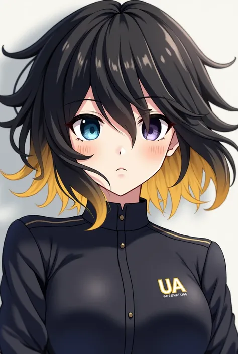 Hair:Black with blonde tips
Eyes: hecterochromic eyes, one blue and one black
Clothing:UA Uniform
Extra: 3 freckles on each cheek, white skin, fluffy hair