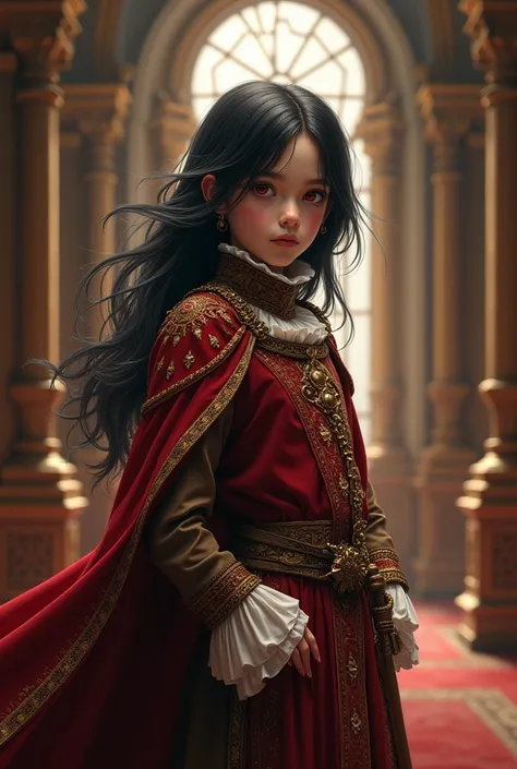 A male child with long black hair and red eyes, dressed in a medieval noble outfit. 