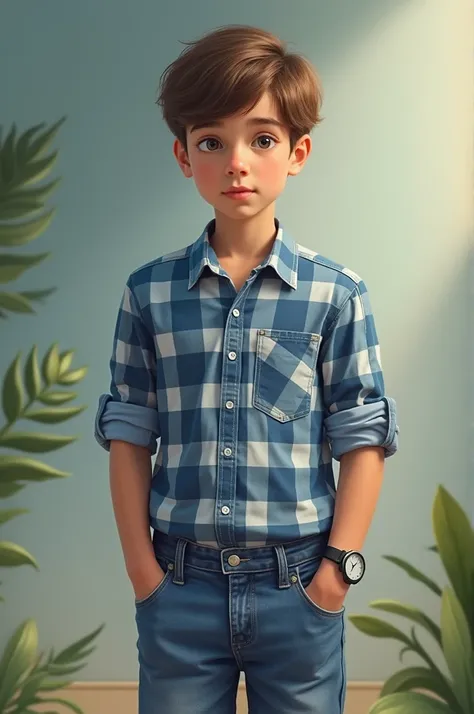 A 14-year-old boy wearing a checkered shirt, denim shorts, and a wristwatch