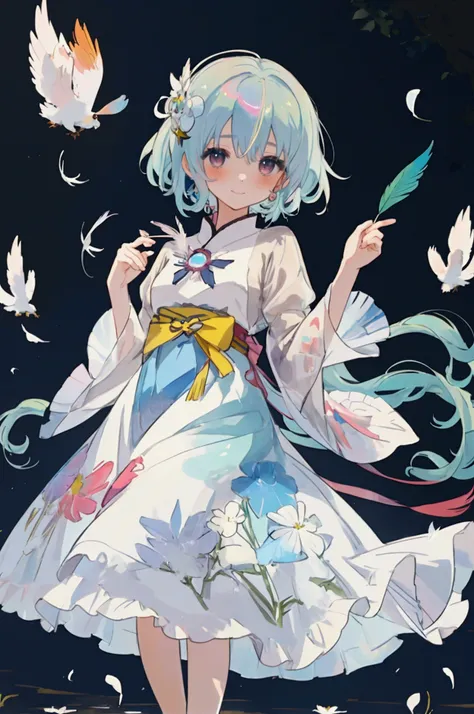 Anime pictures。Beautiful shades of iridescent prism。A girl of about 18 years old，There is a huge angel feather on its back，Smiling happily。A lot of flowers on the feathers。Bright Silver Bob Hairstyle。Wearing a beautiful embroidered transparent dress。Design...