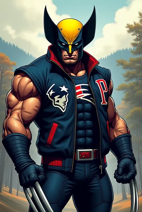 Wolverine with yellow mask and New England Patriots jacket