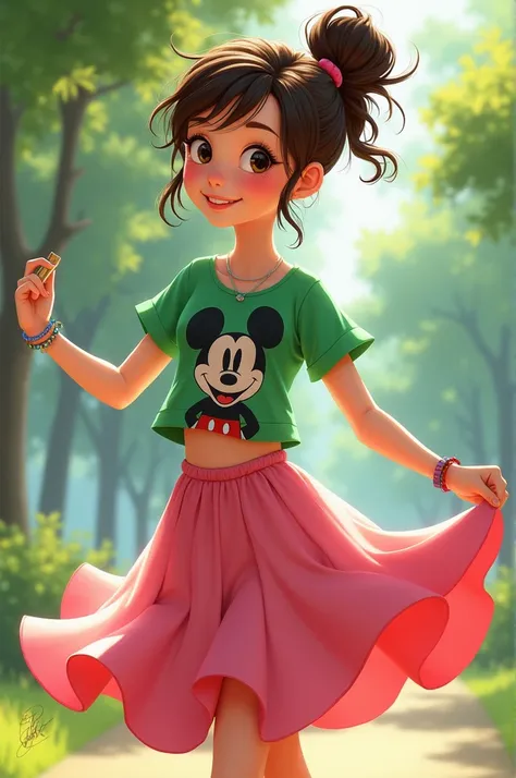 A 13 year old girl with ponytail wearing a green Mickey Mouse t-shirt and a pink skirt