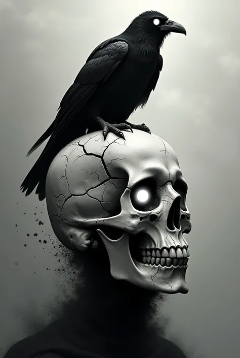 The image depicts a dark, eerie artwork featuring a cracked human skull with hollow eyes glowing with an intense, white light. A black raven, also with glowing eyes, is perched on top of the skull, adding to the macabre and gothic atmosphere. The lower par...