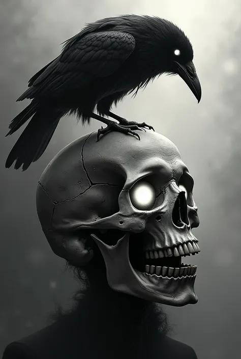 The image depicts a dark, eerie artwork featuring a cracked human skull with hollow eyes glowing with an intense, white light. A black raven, also with glowing eyes, is perched on top of the skull, adding to the macabre and gothic atmosphere. The lower par...