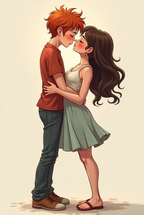 drawing of a skinny red-haired teenage boy with flushed cheeks and a passionate look looking forward with a teenage girl with a hot, beautiful brunette body on her tiptoes giving a kiss ON THE CHEEK of the red-haired boy