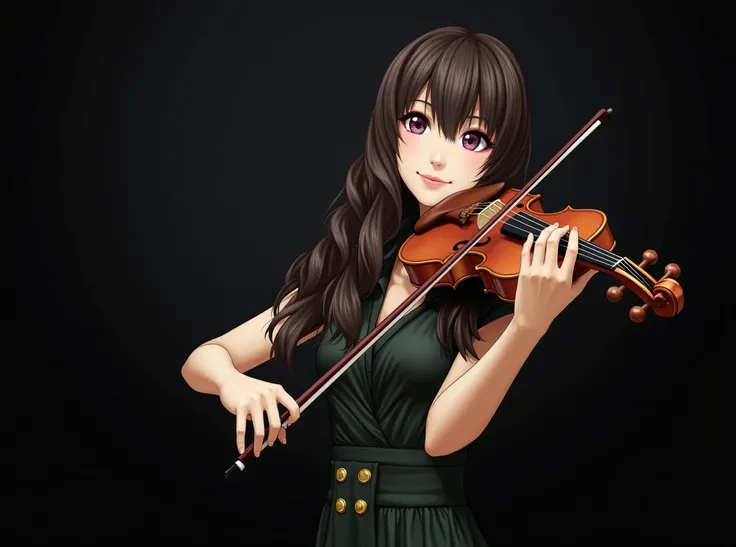 (high resolution, high detail, best quality), Beautiful Japanese woman playing the violin at a concert venue, Crimson sleeveless dress, Wavy Hair, Smile