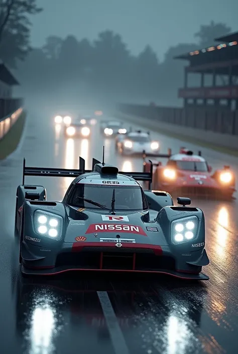 GTR lm racing at le mans with other cars behind in the rain with the headlights on white light