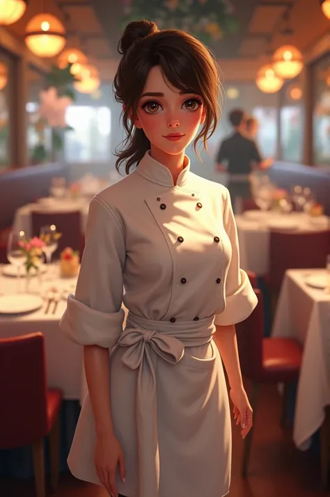 colettetatou , woman ,  chef uniform, in a dinner setting 