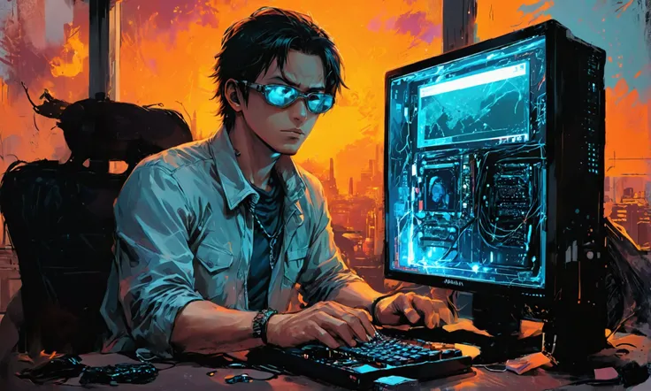 A MAN TAGGING A HACKER COMPUTER,manga style art,manga style art,manga style art,manga style art