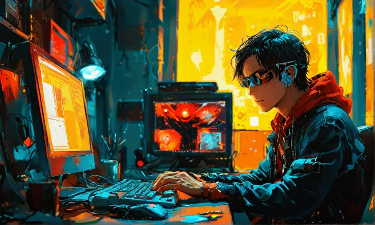 A MAN TAGGING A HACKER COMPUTER,manga style art,manga style art,manga style art,manga style art