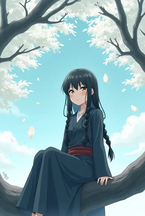 Jujutsu Kaisen, Oc, Girl, 16 years, hair negro largo, hair trenzado, curtain fringe (hair), gold eyes, Lips, upset expression, Jujutsu uniform, sitting on a tree branch alone, Pensive, crossed legs, looking at the sky, white tree leaves, anime capture