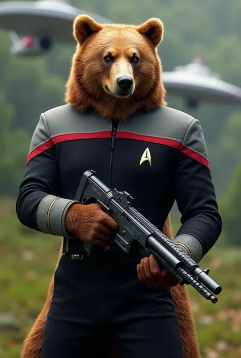 «»A photorealistic portrayal of a bear (beefy bear with brown and tan fur) dressed in a ds9st black and grey uniform with red collar. bear should be posed with a determined and fighting stance of Starfleet commander, holding a phaser (Star Trek gun) in han...