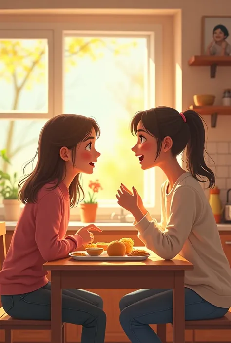 A teenage girl having breakfast on the table and chatting in the kitchen with her mother 