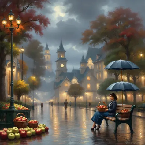 painting of a woman sitting on a bench with an umbrella and basket of apples, beautiful digital artwork, tomas kinkade, andy park, by thomas kinkade, by Thomas Kinkade, autumn night, kinkade, thomas kinkade cfg _ scale 9, rainy evening, (((thomas kinkade))...