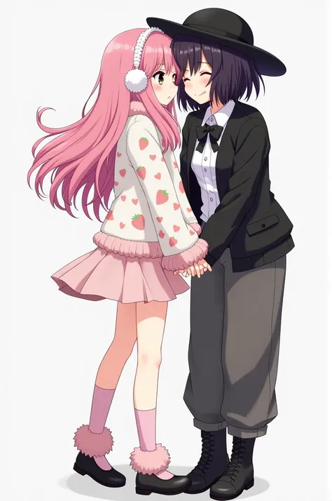 Two anime style female characters, standing and holding hands, who see themselves as best friends. The first one has long pink hair covering her face, with a melancholic expression and dark eyes. She wears pastel earmuffs and a white sweater with strawberr...