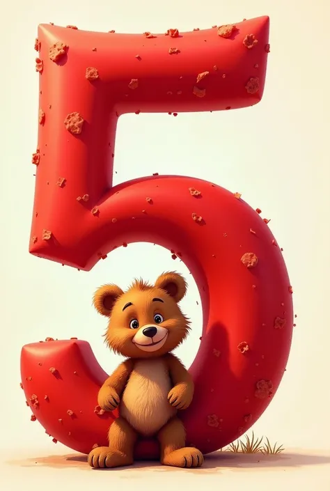 Number 5 in red with an animated teddy bear 