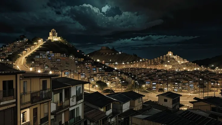 favelas brasileiras, casas, palafitas, morros, escadarias, becos, ruas, carros, pessoas, cinematic lighting, wide shot, from abo...