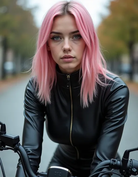 Full lenght, pink hair, narrow face, grey eyes, girl, 18 years old, slim figure, almond-shaped eyes, button nose, full lips, european appearance, ultra highly intricate detailed, black eyeliner, leather bodysuite, over knee boots, looking at the camera, pr...