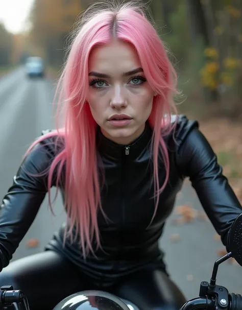 Full lenght, pink hair, narrow face, grey eyes, girl, 18 years old, slim figure, almond-shaped eyes, button nose, full lips, european appearance, ultra highly intricate detailed, black eyeliner, leather bodysuite, over knee boots, looking at the camera, pr...