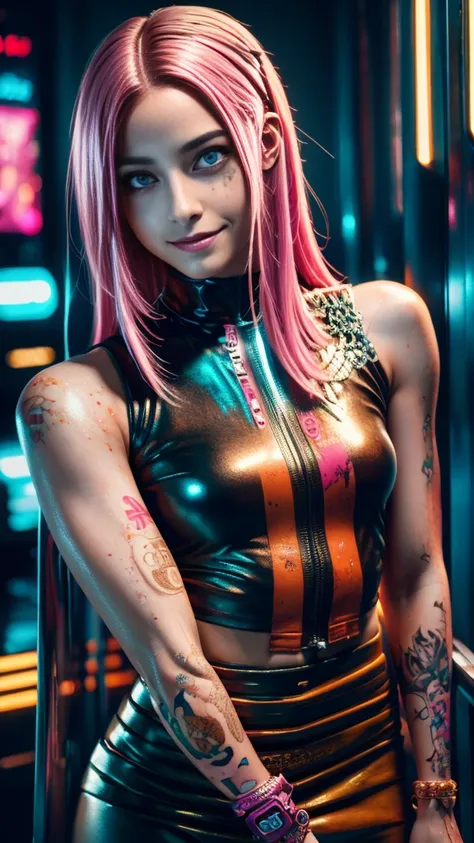 full length long shot:1.4, (( a sensual and beautiful young woman)), sensual smile, with a tattoo on her arm and cheek, beautiful and modern hairstyle with a lock of pink hair, beautiful cyberpunk girl, beautiful girl face cyberpunk, dreamy, beautiful and ...