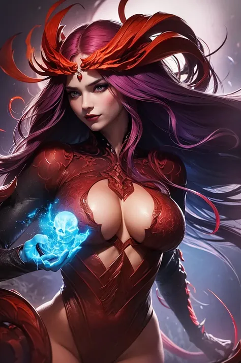 Woman body set large breasts(best quality, highres, ice skull:1.1), A girl with long billowing purple hair and a red cape, featuring a Dracula Orchid pattern. (best quality, ultra-detailed), (realistic), vibrant colors, intense lighting, lava-like texture,...