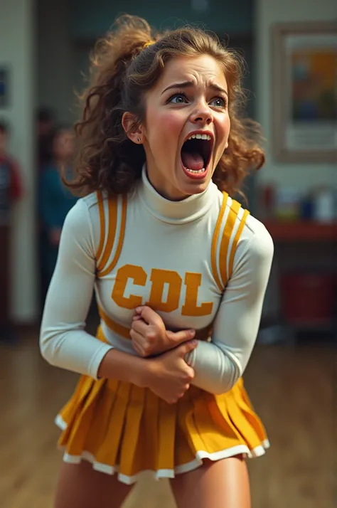 profile of pretty 1970s cheerleader in tight white turtleneck with gold "CDL" lettering, saddle shoes and short pleated skirt, their hands clutching their sore ribs, screaming in fear, color