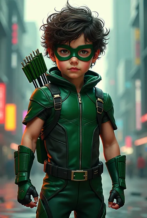 Brunette child with dark brown curly hair, Gamer, with the Green Arrow outfit