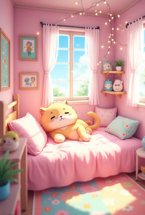 create a picture of a pink anime room with a cute cat