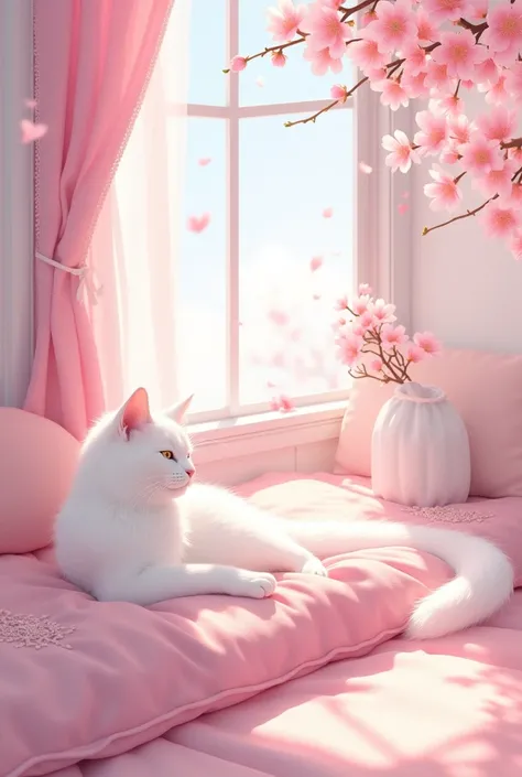 create a picture of a pastel pink anime room with a cute white cat in the background