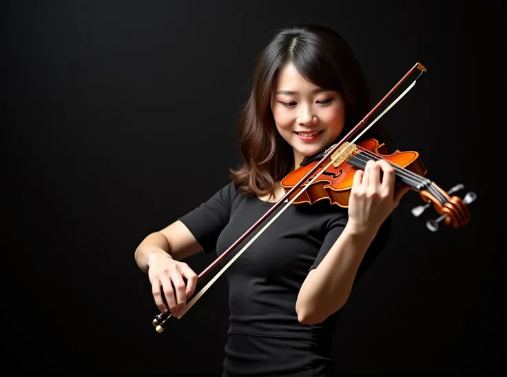 (high resolution, high detail, best quality), photograph, cinematic lighting, beautiful face, perfect face, highly detailed beautiful face and eyes, delicate facial features, stunning Japanese woman playing the violin at a concert venue, Crimson sleeveless...