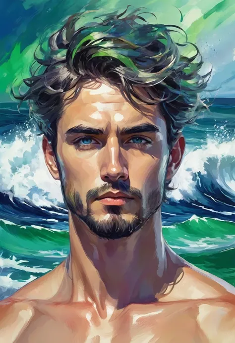 illustration stoicism  men from 25 years old, shirtless, barefoot, strong, slim body  Impressionism, with loose brushstrokes and vibrant colors to capture the vastness and movement of the sea. Color  Cool, marine tones (cobalt blue, emerald green, gray)   ...