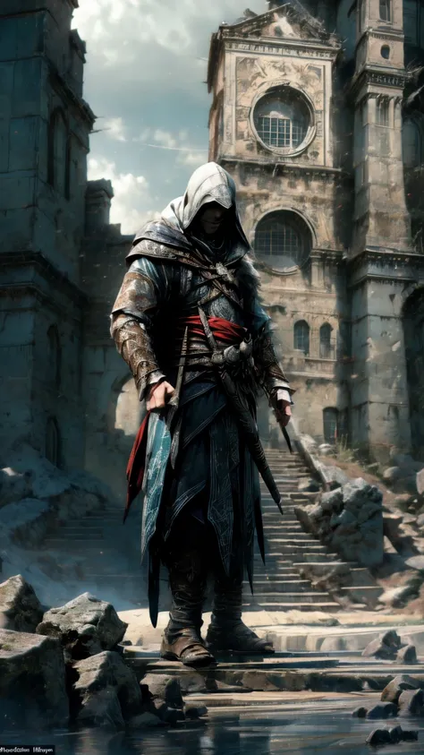 a highly detailed, cinematic illustration of an assassin from the assassin's creed universe:1.4, wearing a striking white hooded...