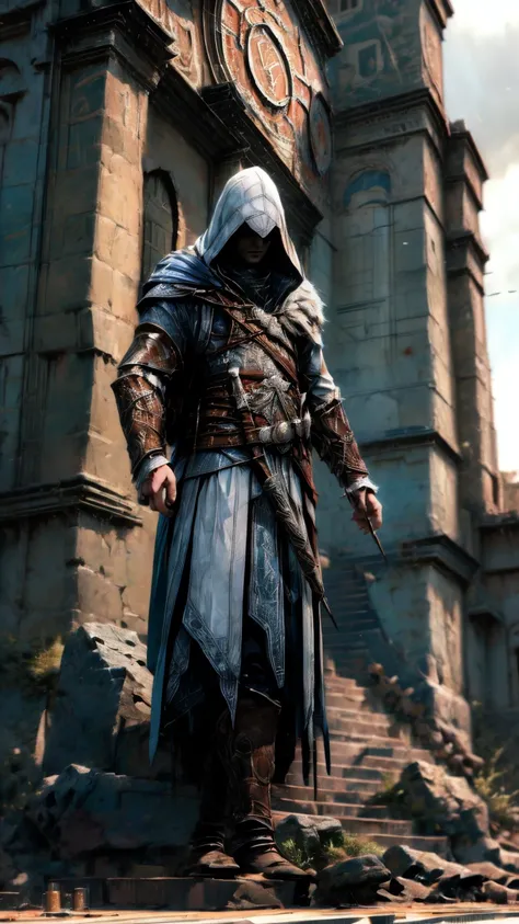 a highly detailed, cinematic illustration of an assassin from the assassin's creed universe:1.4, wearing a striking white hooded...