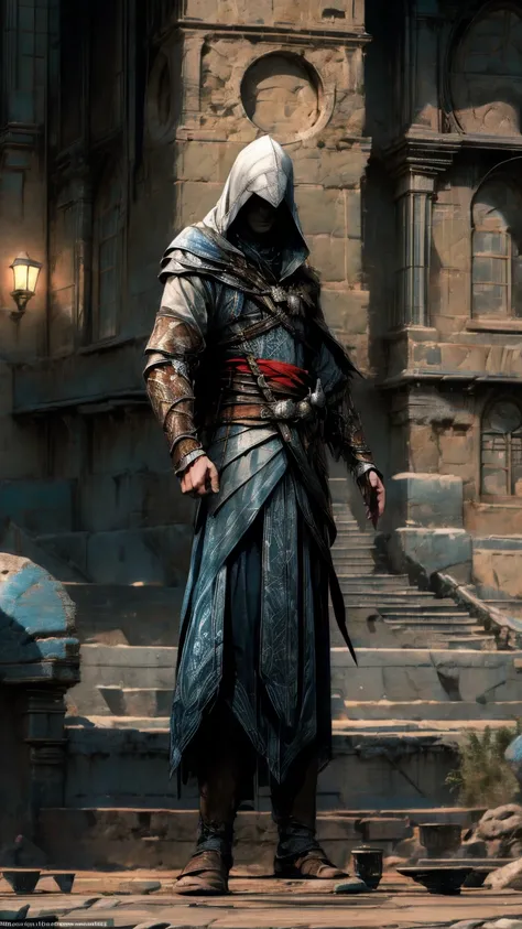 a highly detailed, cinematic illustration of an assassin from the assassin's creed universe:1.4, wearing a striking white hooded...