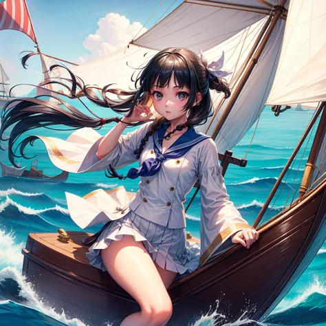 one girl（８year）, pirate, highest quality、cinema lighting、sailor suit、long skirt、 yacht（galleon）on the mast、white panties,