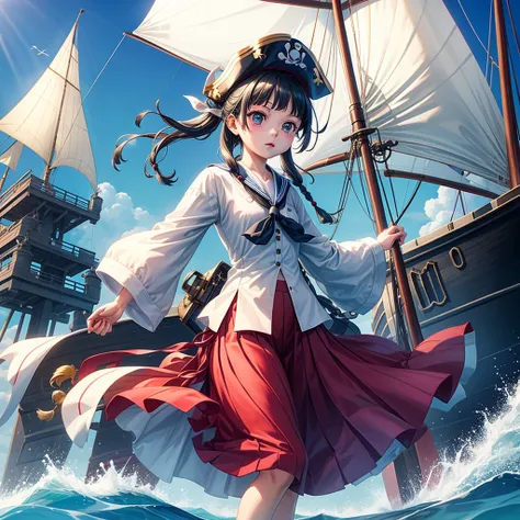 one girl（８year）, pirate, highest quality、cinema lighting、sailor suit、long skirt、 yacht（galleon）on the mast、white panties,