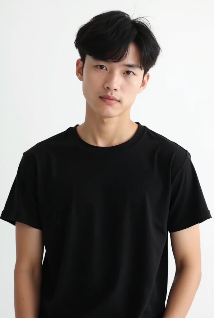 Young man wearing plain black unisex t-shirt, on a white background 