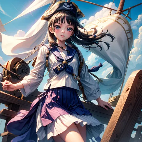 one girl（８year）, pirate, highest quality、cinema lighting、sailor suit、long skirt、 on the mast of a galleon、white panties,