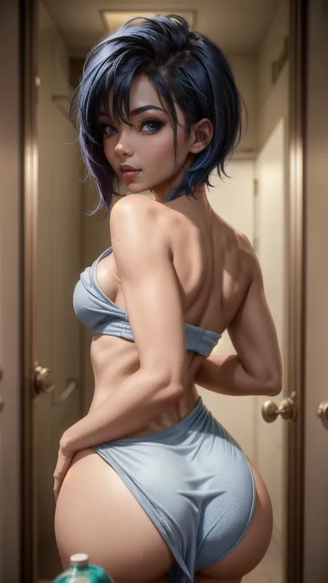 pose: bending over, girl, dark skin, 30 years old, full bust, firm ass, slim waist, assymetrical short blue hair, clear blue eye...