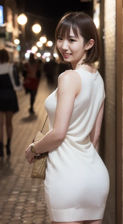 1 Female,((tight knit dress)),(Small Ass),Accentuate your butt,Small breasts,The clothes are transparent,A cheerful smile, (Shorthair debtlying),Hair fluttering, White skin,Big breasts and small waist,Japanese style streetscape, Hyperrealism, Cinema Lighti...