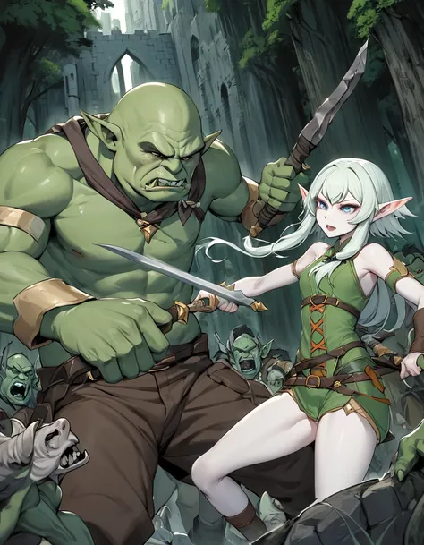 an [slender elven warrior, elf ears, pale skin] fights an [orc, green skin, bulky] outside the gates of an eleven fortress in a ...