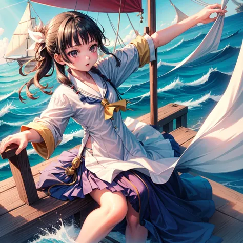 one girl（８year）, pirate, highest quality、cinema lighting、sailor suit、long skirt、 on the mast of a galleon、white panties,