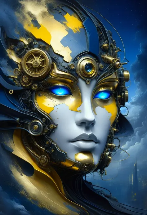 high relief with plaster oil painting big face composed and made by dreamlike elements and metal machines, futuristic steampunk,...