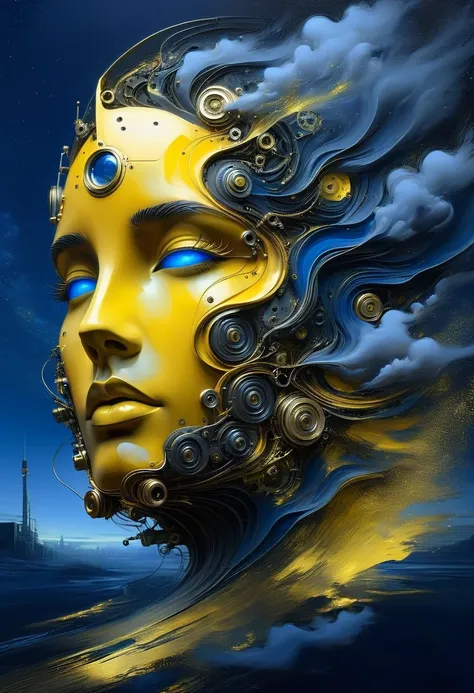 high relief with plaster oil painting big face composed and made by dreamlike elements and metal machines, futuristic steampunk,...